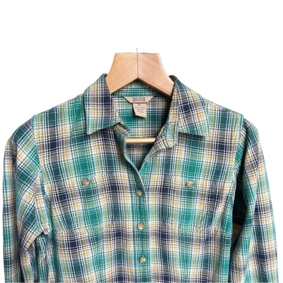 Duluth Trading Co. Women’s Teal Plaid Cotton Flannel Button Down Shirt, XS - Picture 3 of 8